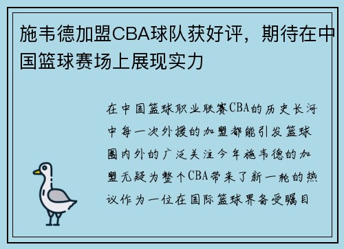 施韦德加盟CBA球队获好评，期待在中国篮球赛场上展现实力